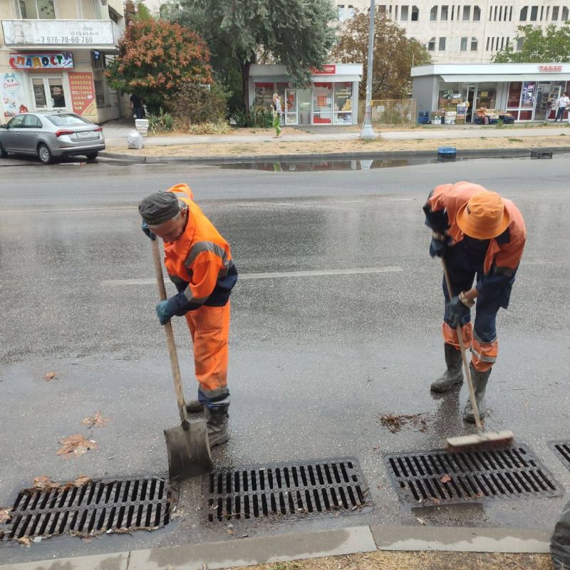 Сотрудники Водоканала контролируют состояние ливневых решеток и оперативно удаляют нанесенную водой листву