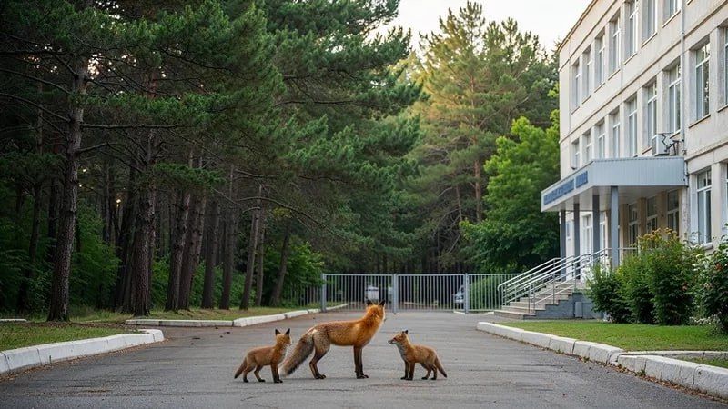 Семейство лис пришло «учиться» в одну из школ Симферополя