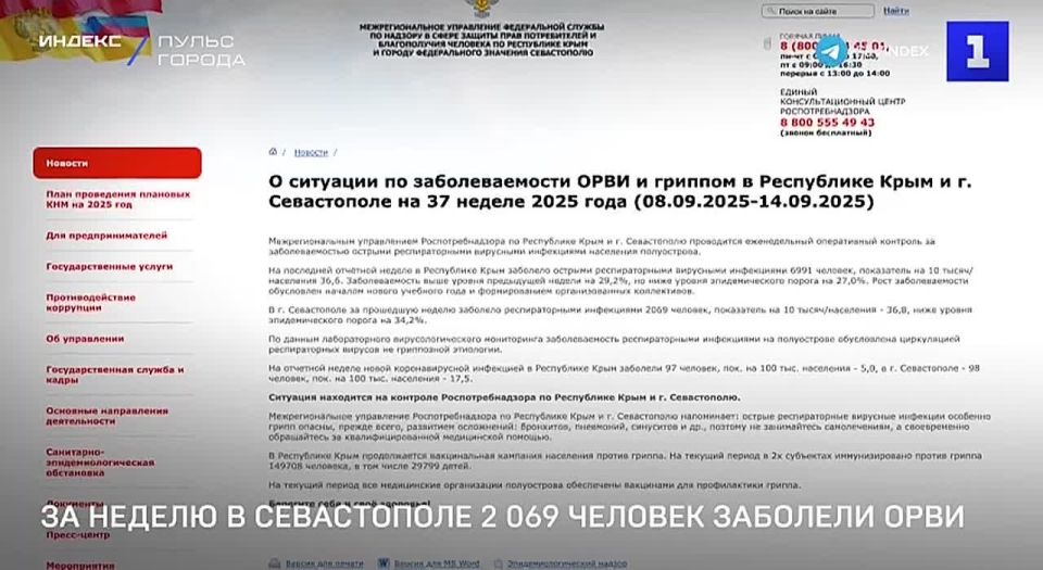 За неделю в Севастополе зарегистрировано 2 069 случаев ОРВИ – на 34,2% ниже эпидемического порога