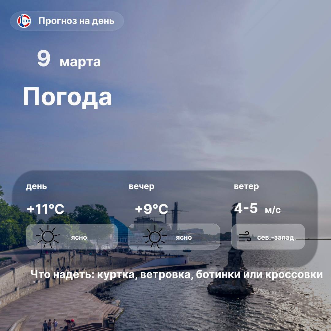 Доброе утро, севастопольцы! Сегодняшний день будет ясным, а температура воздуха прогреется до +11°C