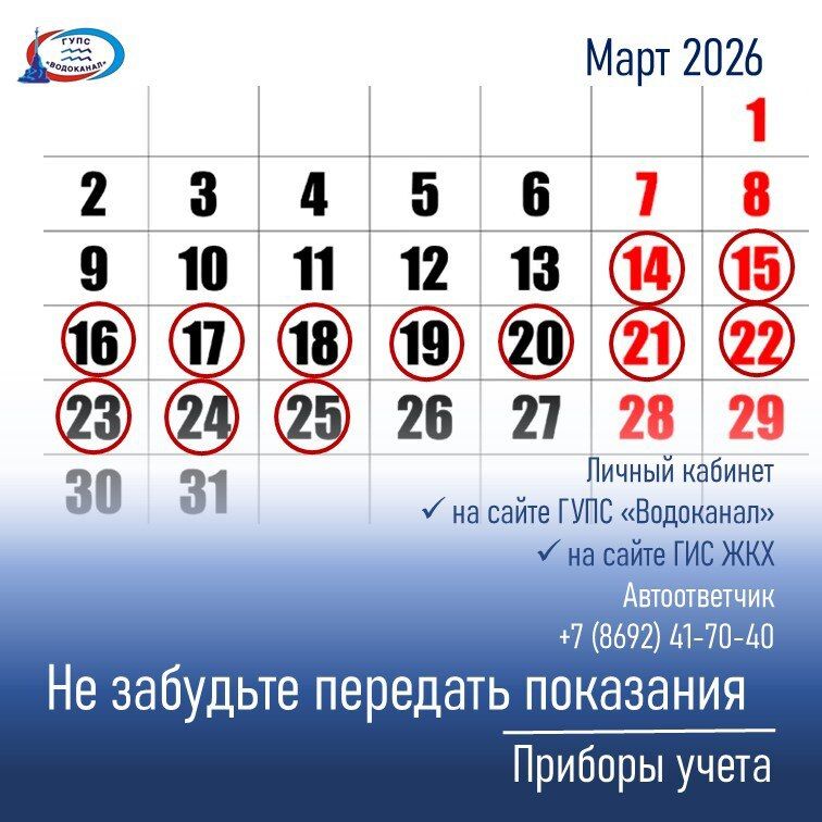 Водоканал: Напоминаем о необходимости передать показания водомеров до 25 числа