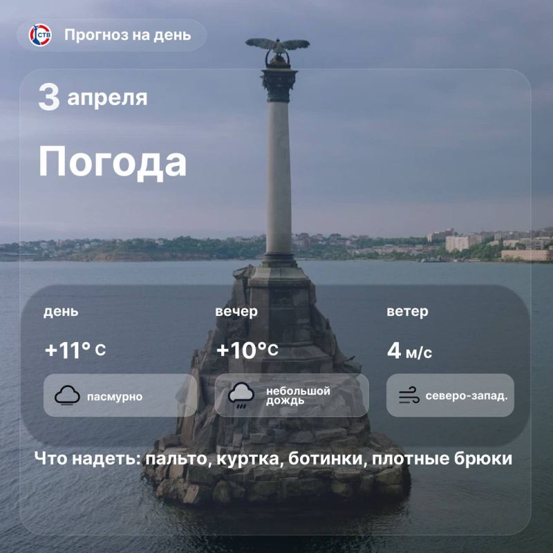 Доброе утро, севастопольцы! Сегодня в городе ожидается пасмурная и дождливая погода, температура воздуха поднимется до +11°C