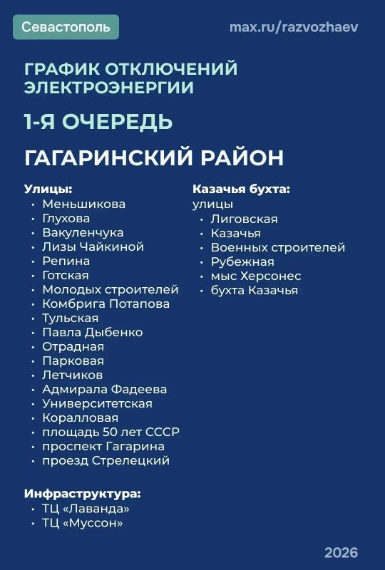 По команде диспетчера Черноморского РДУ с 05:45 до 09:00 введен режим временного ограничения электроснабжения по графику 1 очереди в Балаклавском, Гагаринском, Ленинском, Нахимовском районах и Качинском муниципальном округе... По команде диспетчера Черноморского РДУ с 05:45 до 09:00 введен режим временного ограничения электроснабжения по графику 1 очереди в Балаклавском, Гагаринском, Ленинском, Нахимовском районах и Качинском муниципальном округе...