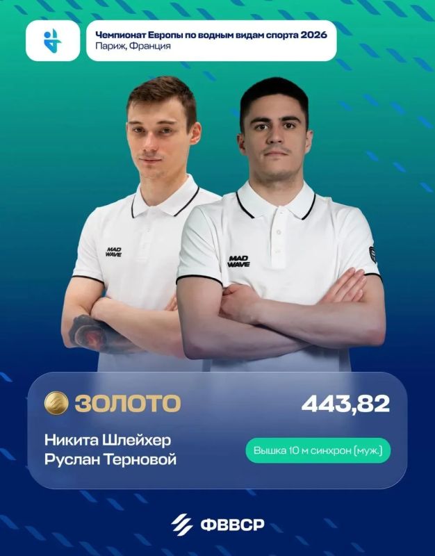 Российские спортсмены Никита Шлейхер и Руслан Терновой выиграли золото в синхронных прыжках с 10-метровой вышки на чемпионате Европы в Париже