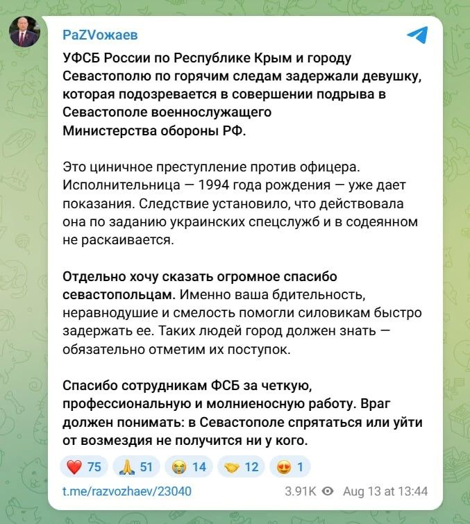Сотрудники ФСБ задержали девушку, подозреваемую в подрыве офицера Минобороны России, заявил губернатор Севастополя Михаил Развожаев
