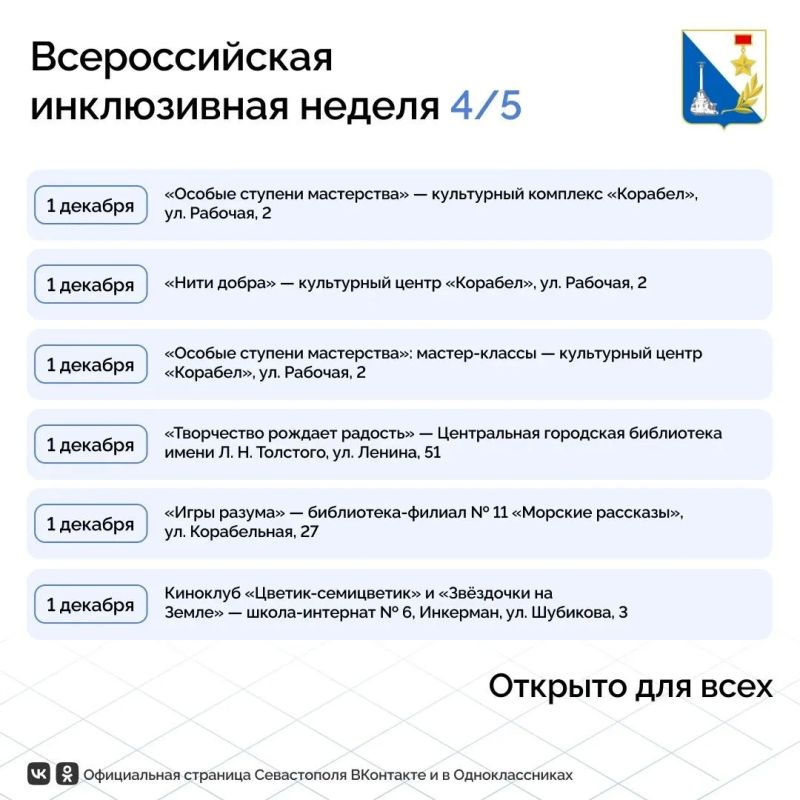 Почти 30 событий пройдут в Севастополе на всероссийской неделе «Открыто для всех» Почти 30 событий пройдут в Севастополе на всероссийской неделе «Открыто для всех»