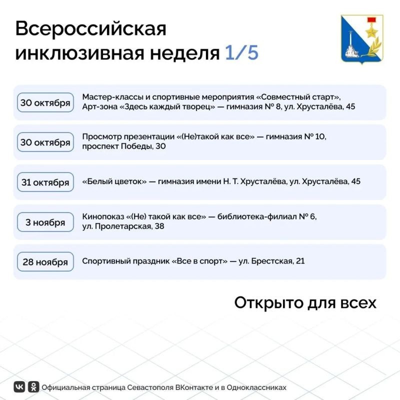 Почти 30 событий пройдут в Севастополе на всероссийской неделе «Открыто для всех» Почти 30 событий пройдут в Севастополе на всероссийской неделе «Открыто для всех»