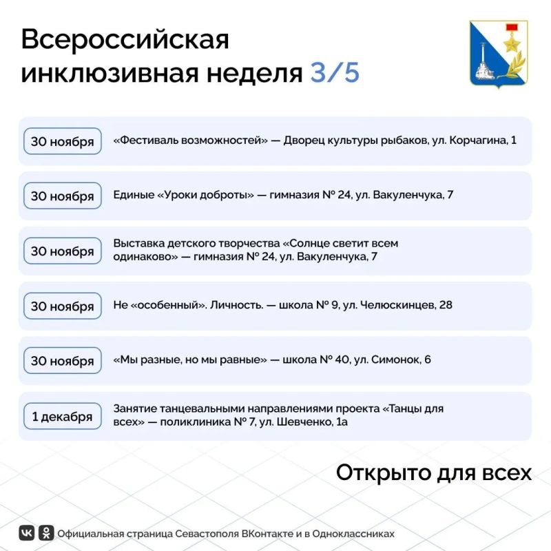 Почти 30 событий пройдут в Севастополе на всероссийской неделе «Открыто для всех» Почти 30 событий пройдут в Севастополе на всероссийской неделе «Открыто для всех»